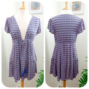 MOD Plunge Tiered Tie Front Short Sleeve Pattern Print Mini Dress Blue Small